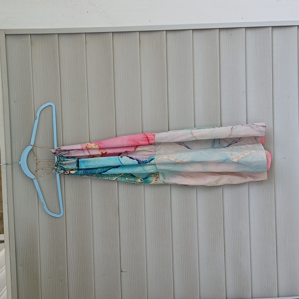 $415 Retrofete Anahita Silk Elegant Pink and Green Halter Dress with Rhi… - Picture 6 of 9